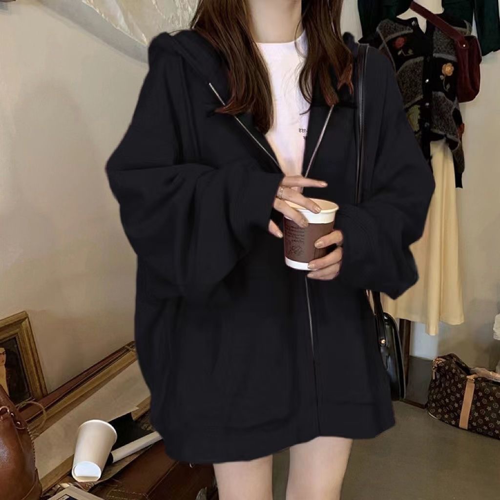 黑色连帽卫衣女外套2026年秋冬季宽松慵懒加厚加绒开衫百搭款上衣
