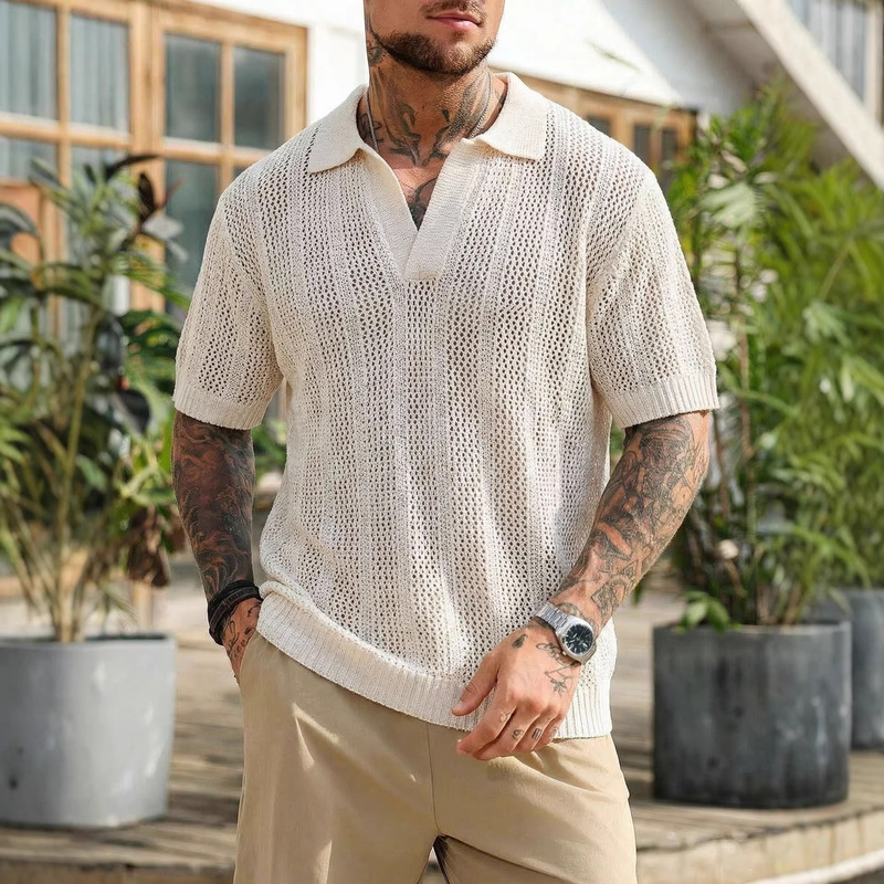Cross-Border Exclusive Supply of Men's Loose Knit Polo Shirt with No Buttons, V-Collar, Vacation Style, Thin Short-Sleeve Knit Top