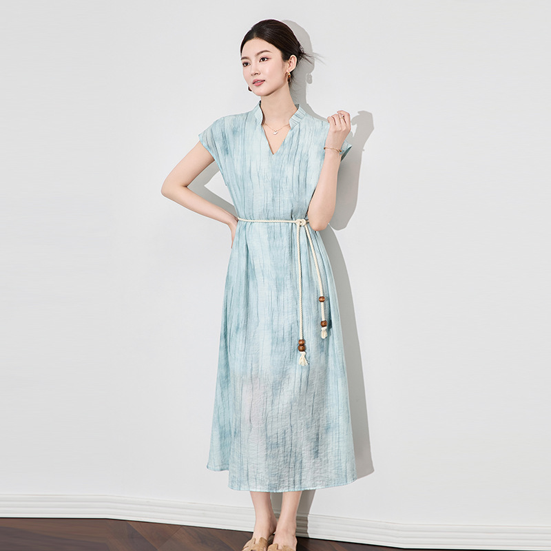 Váy dài nữ họa tiết mực jacquard Tencel phong cách nghỉ dưỡng mùa hè — Màu xanh lam