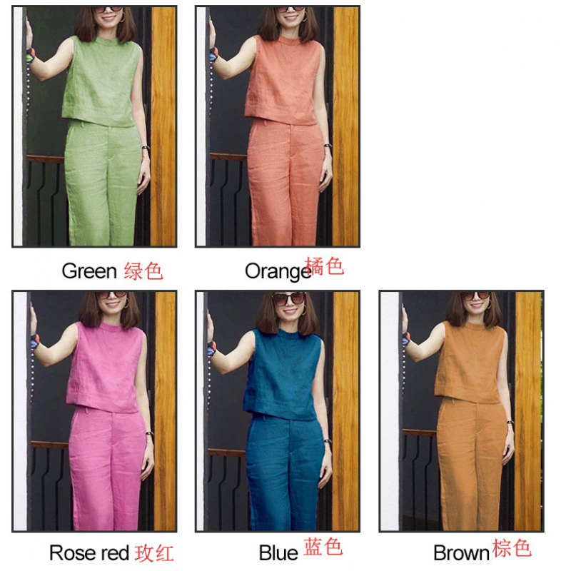 Новинка лета 2025: женский спортивный повседневный костюм без рукавов для трансграничной торговли, комплект из двух предметов — свободная футболка и длинные брюки