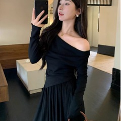 欧美跨境外贸休闲套装长袖不规则T恤女早秋高腰显瘦半身裙两件套