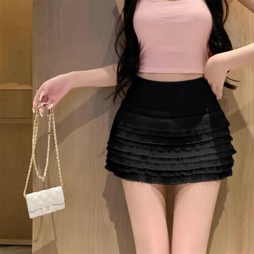 Temperament sweet hot girl lace pleated short skirt, women's summer design, slim belt safety pants, all-match cake A-line skirt