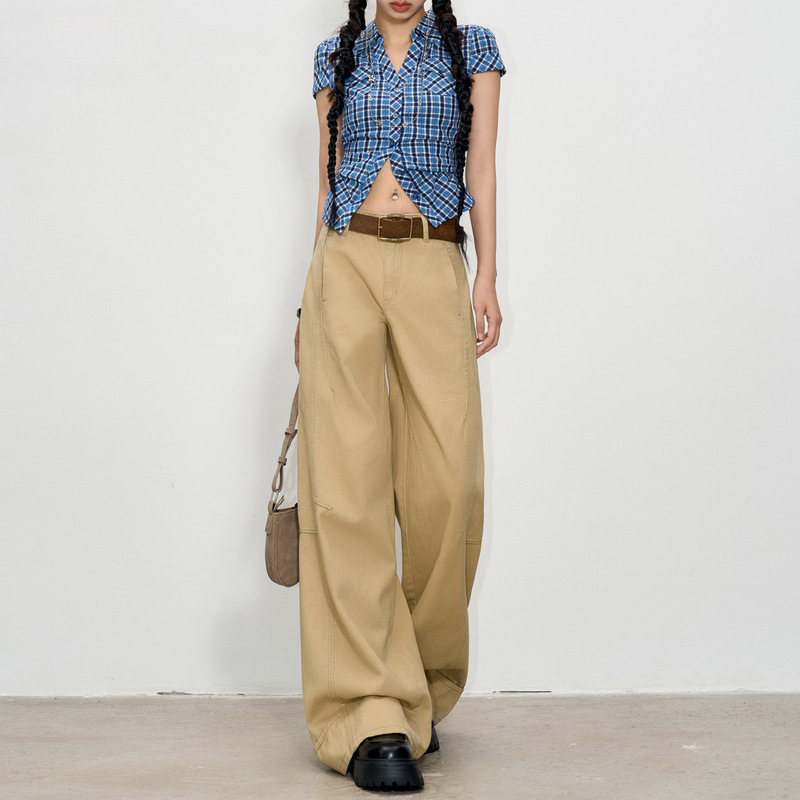 卡其色牛仔裤女2025年新款时尚潮流夏季高腰拼接宽松拖地阔腿裤子|undefined