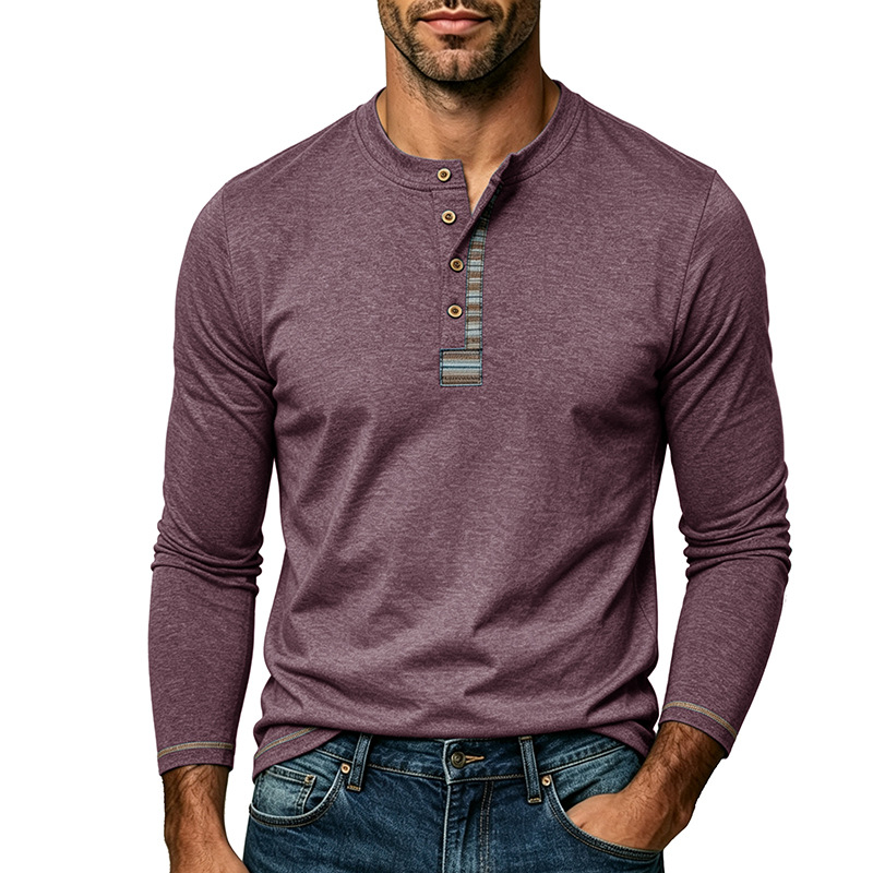 K Men's Round Neck Long Sleeved Tough Guy Henry Collar T-shirt With Four Button Down Base_voghion.com