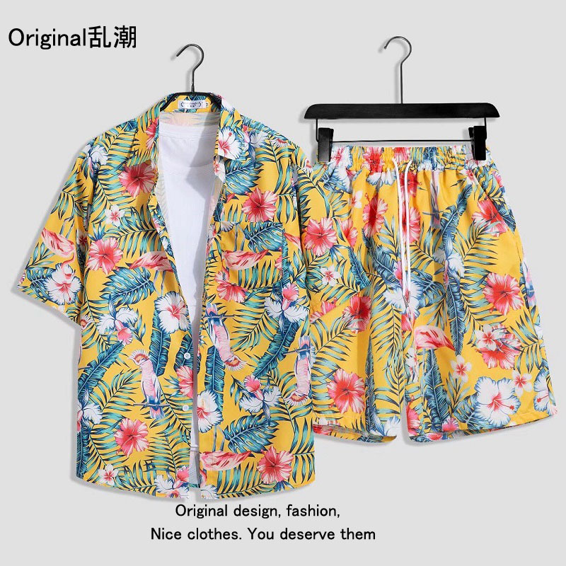 Verano playa floral camisa de manga corta traje de los hombres sueltos ins retro completo impreso pantalones cortos camisa de dos piezas