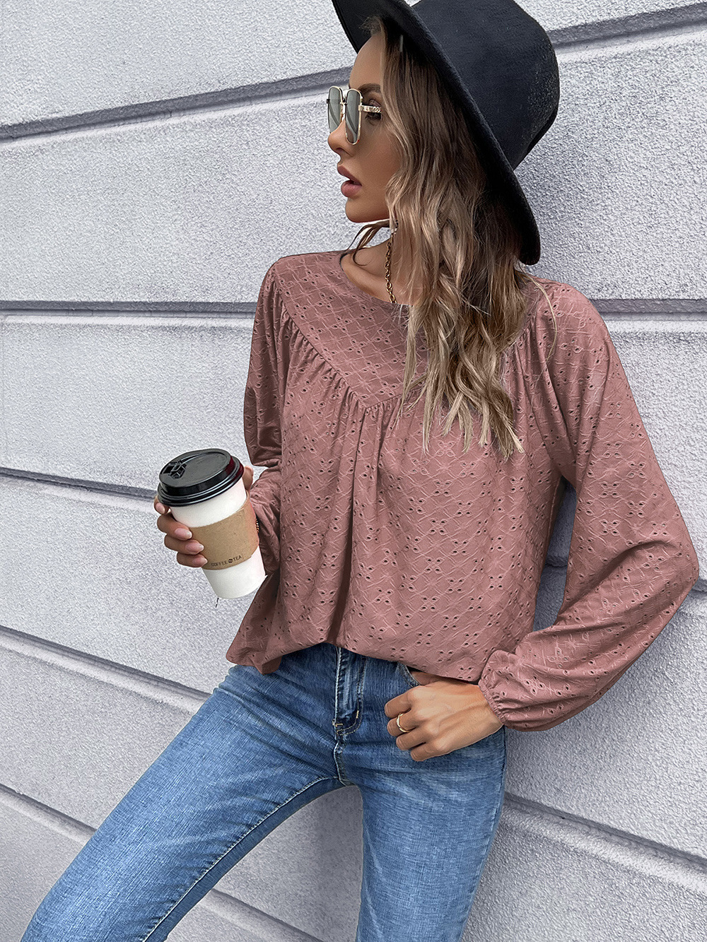 solid color pleated round neck long sleeve top NSYBL136707