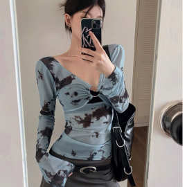 复古扎染一字肩网纱防晒上衣女秋季薄款纯欲风设计感辣妹修身t恤