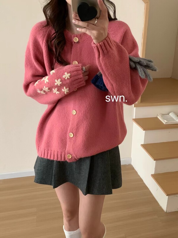 甜美重工花朵刺绣针织开衫女韩版秋冬新款软糯百搭显瘦毛衣外套潮|undefined