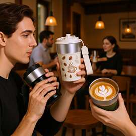 跨境304不锈钢咖啡杯 带提绳便携保温杯高颜值户外车载双饮水杯