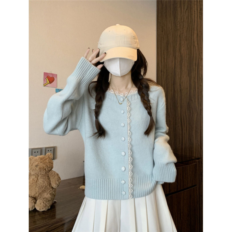 KANING蕾丝花边单排扣针织开衫女2025秋季新款温柔甜美毛衣外搭女|undefined