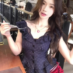 藏蓝色波点蕾丝拼接短袖衬衫女夏季辣妹纯欲小众设计感小飞袖上衣