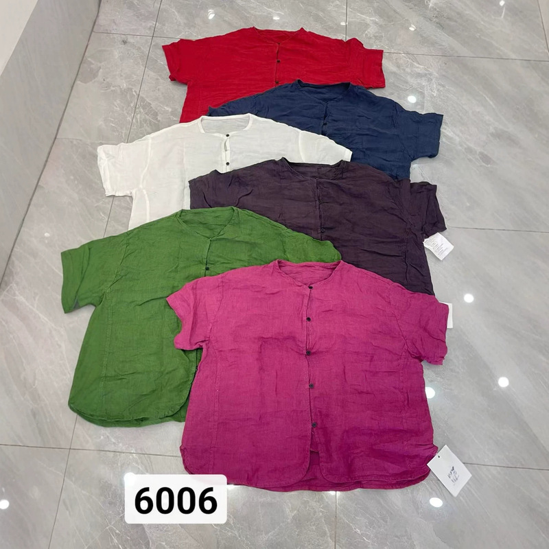 2026 Summer Korean Style Loose Retro Simple Sand-Washed Linen Round Neck Mid-Sleeve Shirt Versatile Lightweight Top for Women 6006 2026 Summer Korean Style Loose Retro Simple Sand-Washed Linen Round Neck Mid-Sleeve Shirt Versatile Lightweight Top for Women 6006