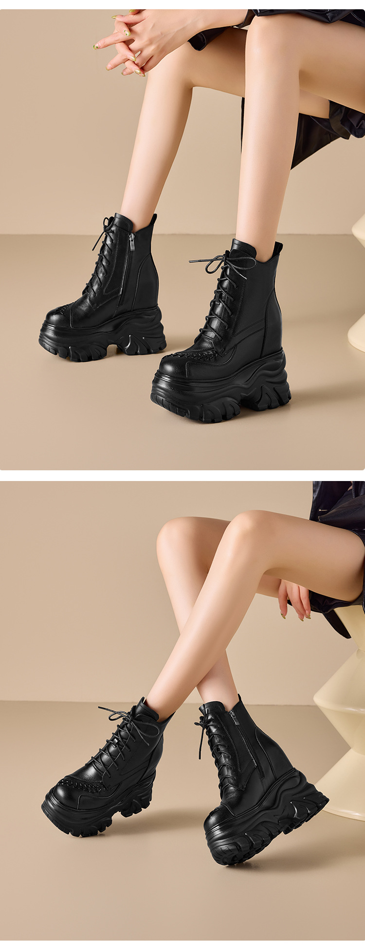 Giày boot Martin đế dày 14 cm phong cách phương Tây, nhẹ nhàng sang trọng — Lớp lót nhung đen chi tiết 6