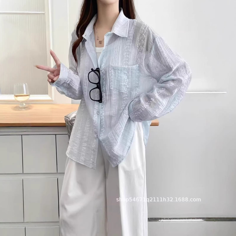 Lace Long-Sleeved Jacquard Shirt Jacket for Women Spring and Summer Loose-Fitting Casual Top Sun Protection Clothing Korean Style Top Ins