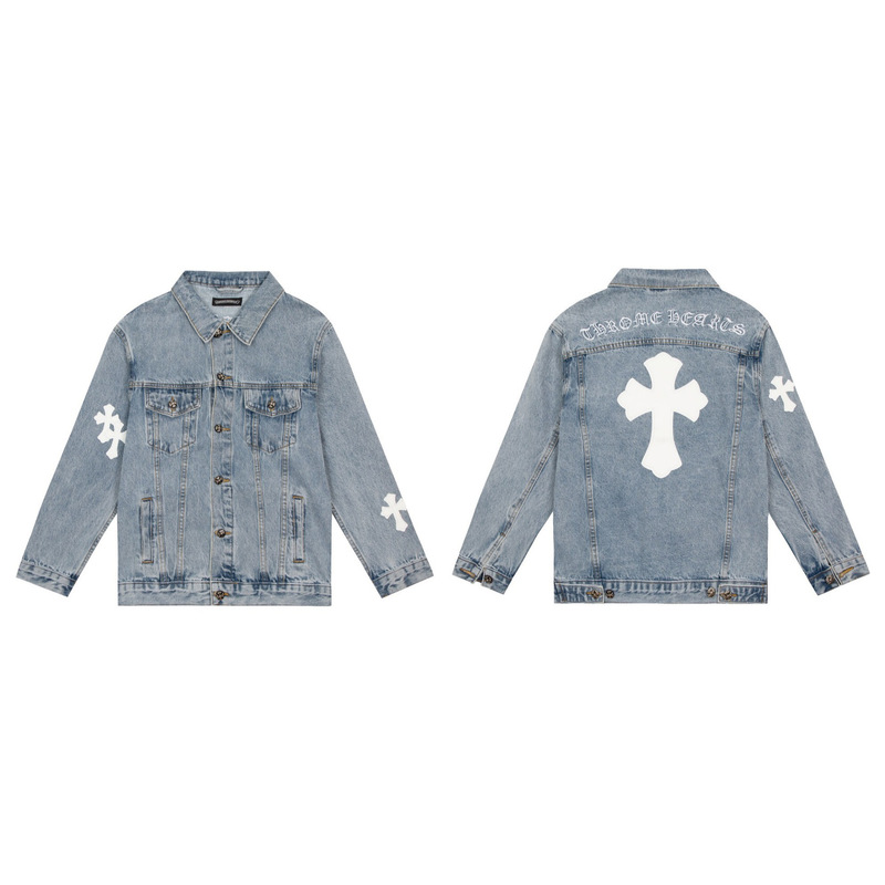 24Ssch Crow Cross Leather Label Patch Sanskrit Letters Washed Denim Jacket Shirt Trendy Hip-Hop Style