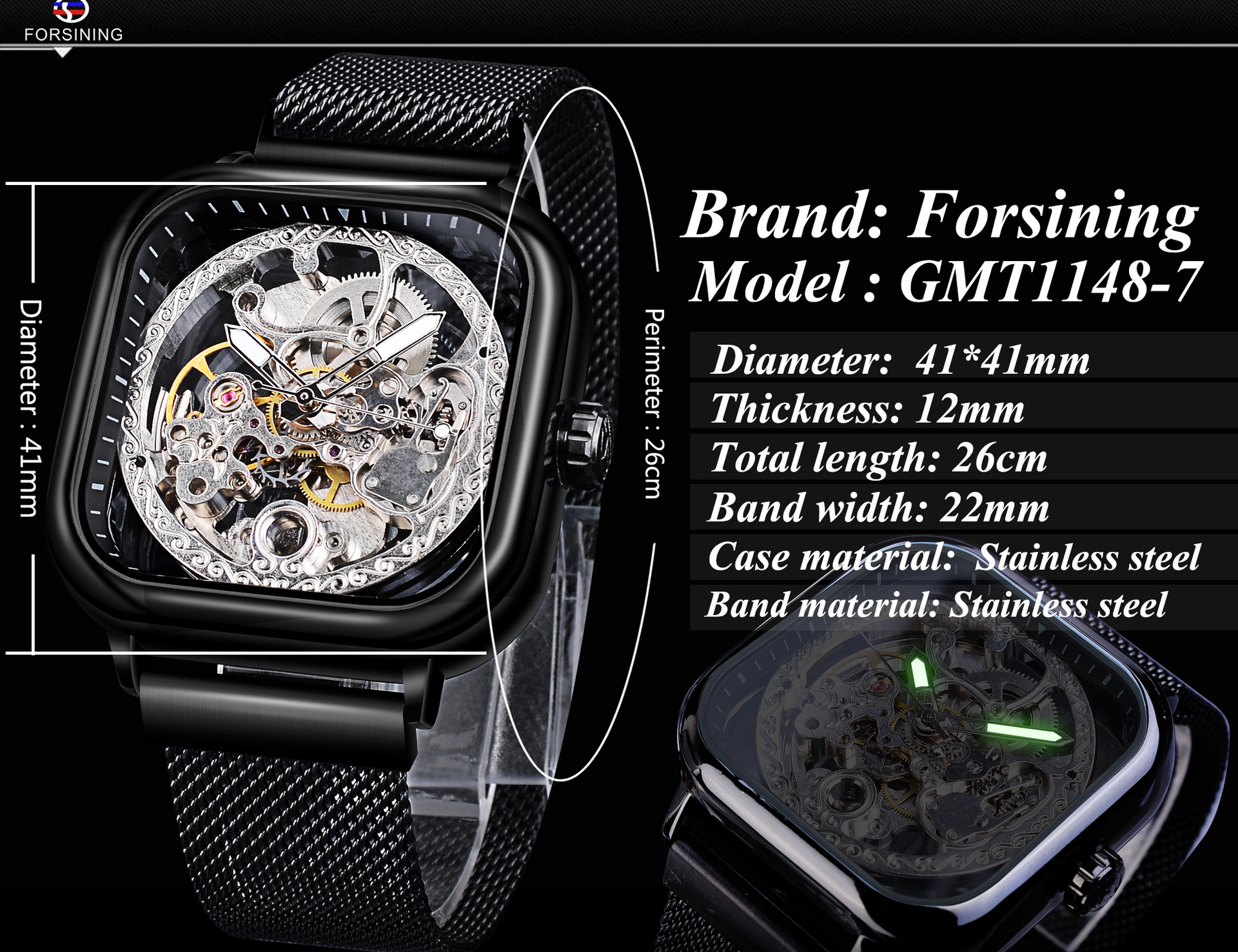 Forsing Hollow Men's Fully Automatic Mechanical Watch Square Dial Mesh Band Watch_voghion.com