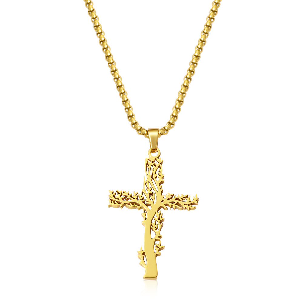 Collier pendentif croix en acier inoxydable pour homme, style hip-hop, avec chaîne à perles polyvalente._voghion.com
