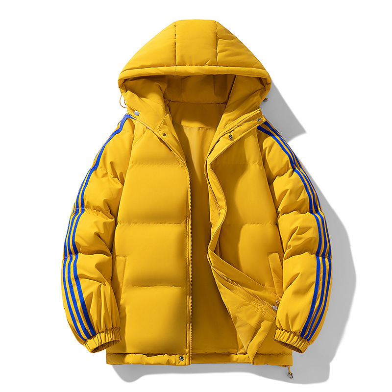Men's Thickened Hooded Down Jacket with Contrasting Three-Stripe Design, Loose Fit Puffer Jacket for Winter Outdoor Warmth and Casual Wear Men's Thickened Hooded Down Jacket with Contrasting Three-Stripe Design, Loose Fit Puffer Jacket for Winter Outdoor Warmth and Casual Wear