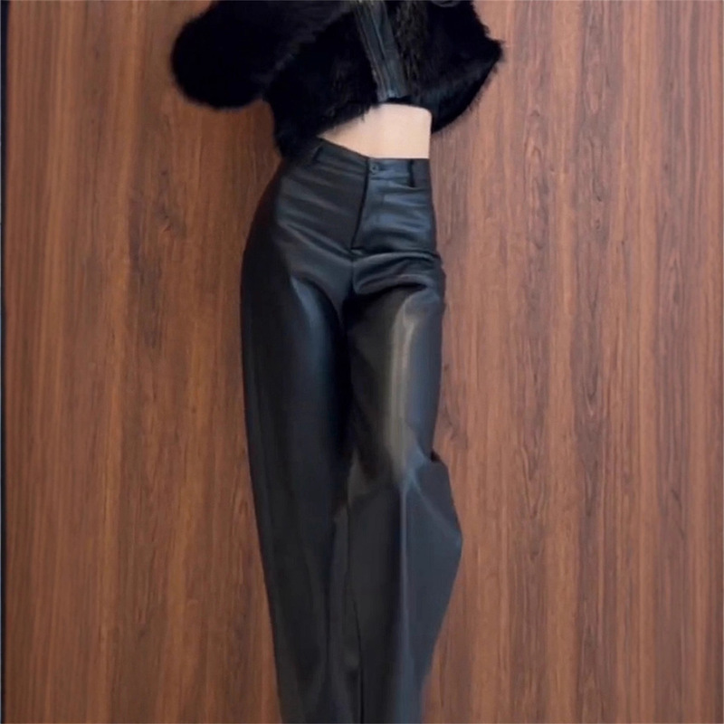 Black Casual Leather Pants for Women 2025 Autumn and Winter New Style Casual Pants Slimming Look Loose Wide-Leg Floor-Length Pants