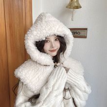 雪地奔跑羊羔毛绒保暖巫师帽加厚雷锋帽防寒斗篷围脖帽子一体女冬