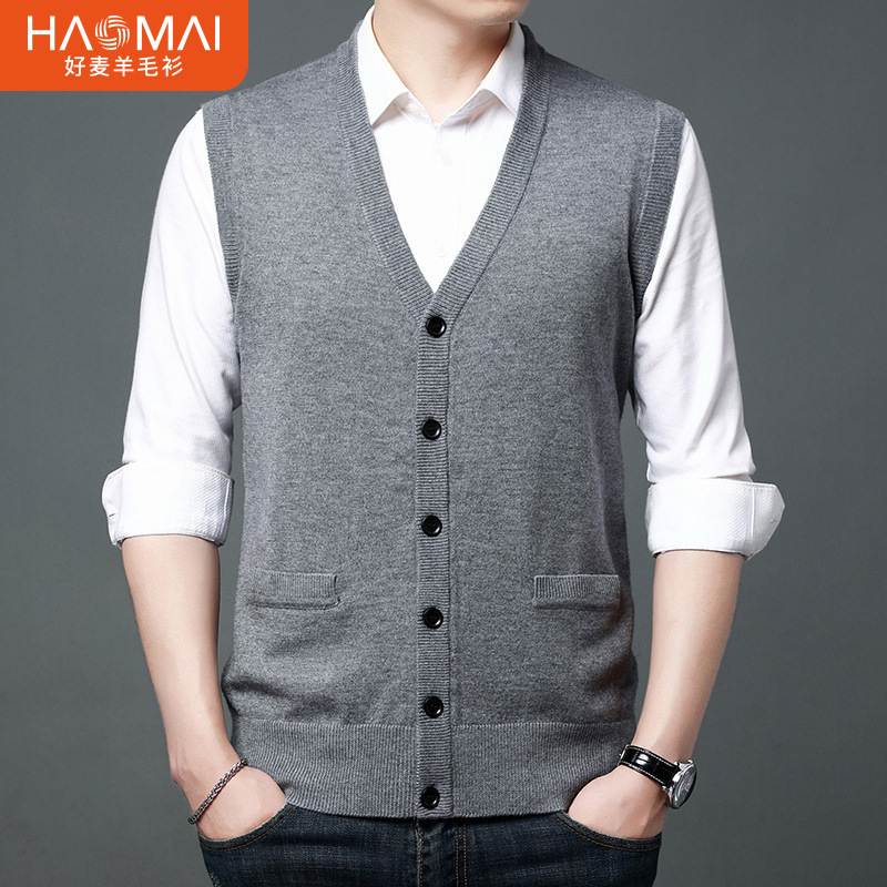 Middle-aged Wool Vest Men's Cardigan Fashion Casual Knitted Inner Daddy Vest Top Sweater Vest Men's