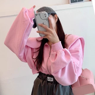 2026春秋新款chic小众设计感娃娃领双口袋百搭长袖短款卫衣外套女