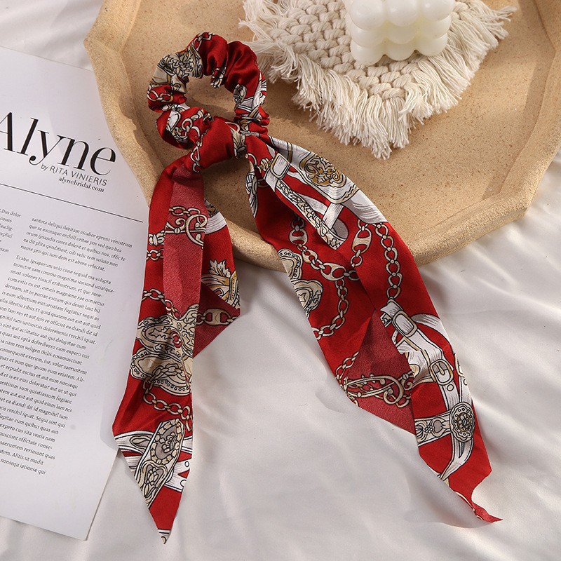 Nuevo lazo de raso estampado, coletero de encaje elegante estilo chino, cuerda para el pelo de cola de caballo al por mayor