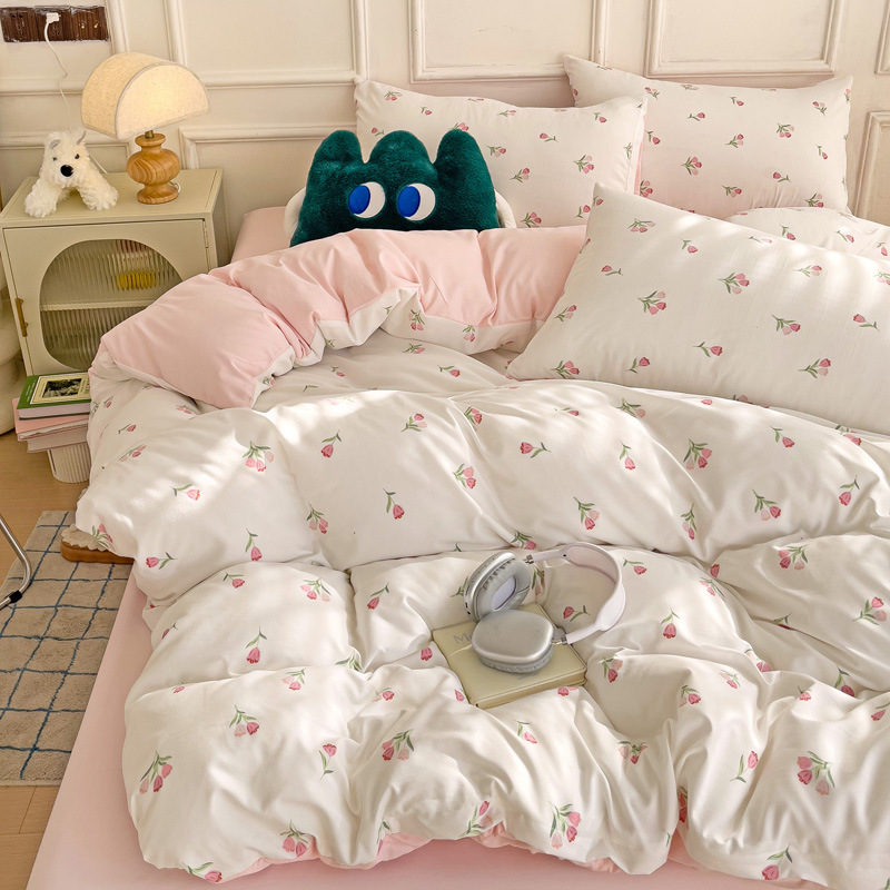 Class A maternal and infant grade knitted washed double-layer yarn bed three-piece set new small floral quilt cover pillowcase single product manufacturer 4