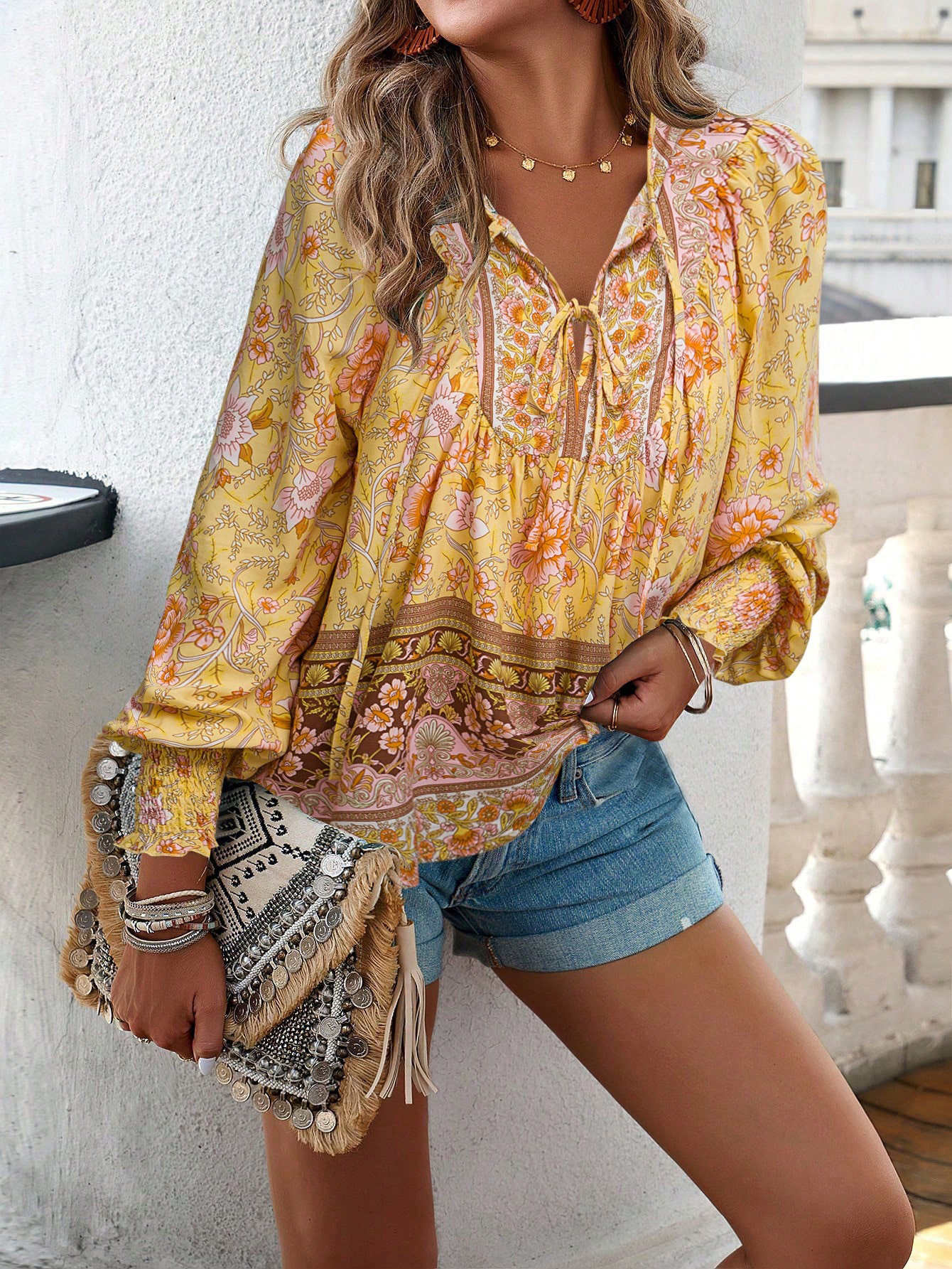 84g Weight Long Sleeve Sleeve Length Tie Placket Type Regular Sleeve Sleeve Type Viscose fiber Fabric Type Regular Top Length Blouse Tops Type Holiday, Banquet, Selfie Occasion V Neck Neckline Loose Fit Type Printing Pattern Summer, Spring, Autumn Season Women's Gender Vintage Style, Bohemian Style Wholesale Women's Vintage Style Bohemian Printing Long Sleeve Blouses 10