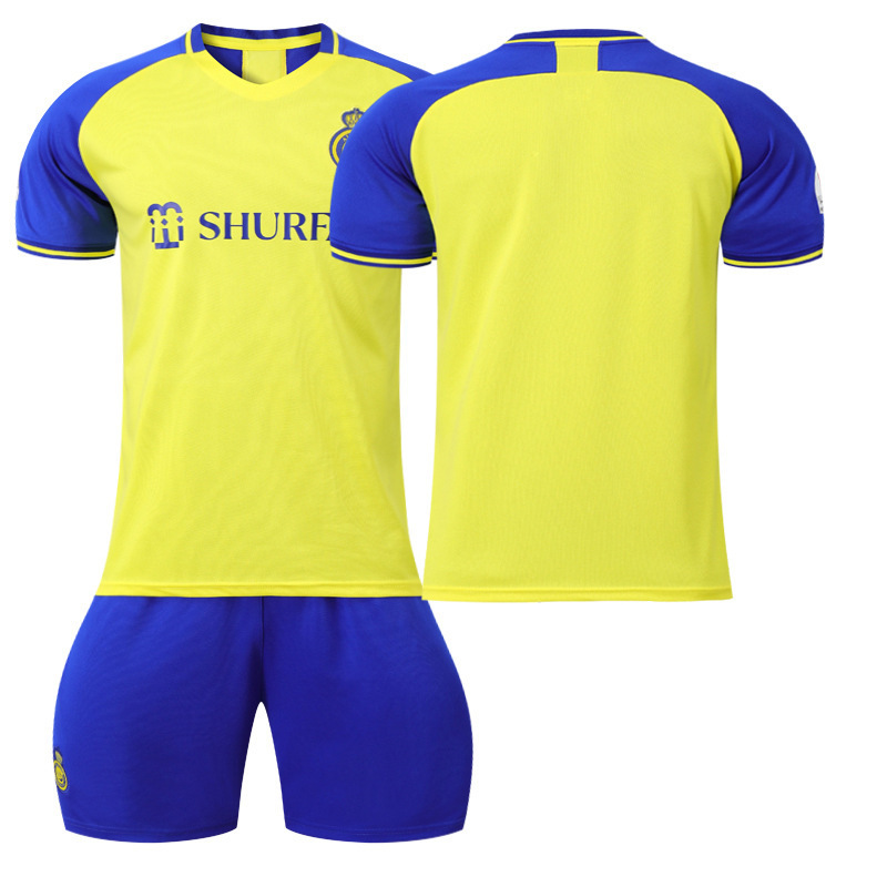 2223 Liga Saudita Riyadh Victory Home C Ronaldo No. 7 Traje de camiseta de fútbol Jersey amarillo Número impreso con calcetines
