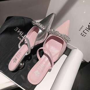 Fairy Style Rhinestone Slippers for Women's Summer Outer Wear 2025 New French Style with Skirt Pointed Toe High Heel Sandals