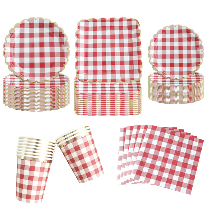 Cross-border red lattice decoration arrangement disposable tableware plate paper plate dinner plate cake plate party tableware suit