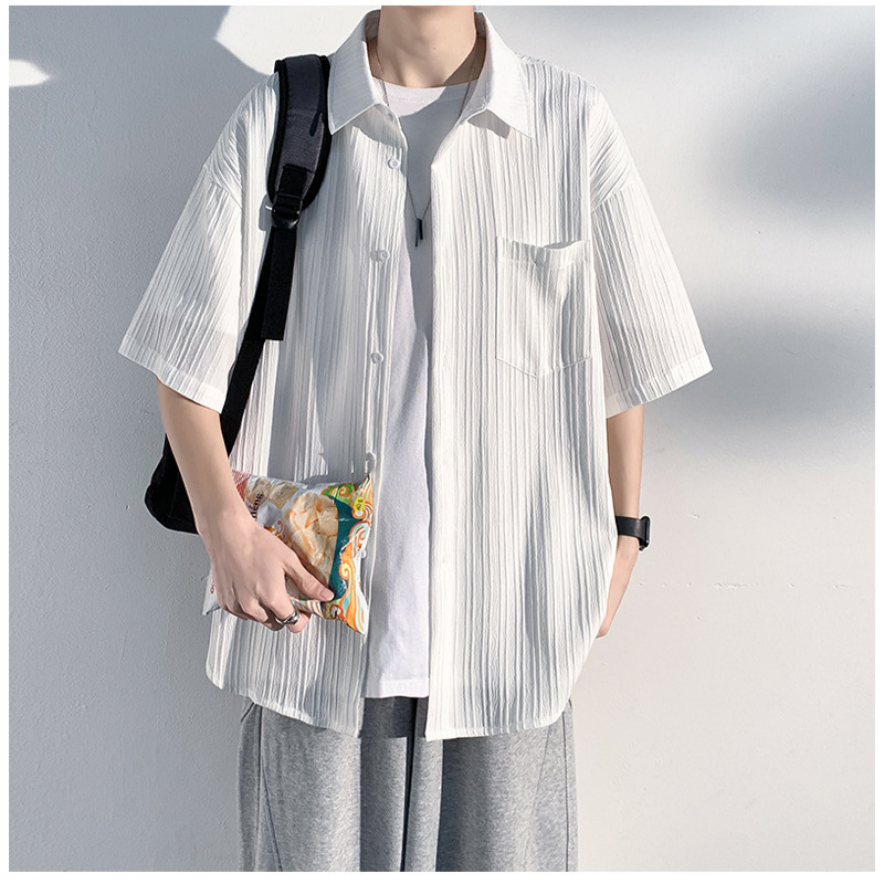 Summer Thin Shirt Short-sleeved Men's Solid Color Casual Trendy Brand Plump Handsome Five-sleeved Shirt Summer Top Coat