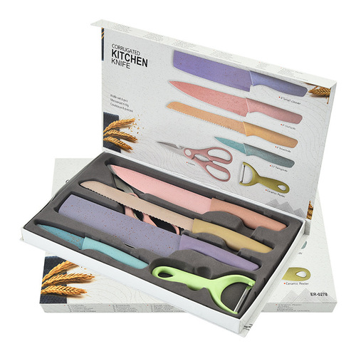 Stainless steel macaron colored wheat straw six-piece set of knives, baby food chef cooking gift set