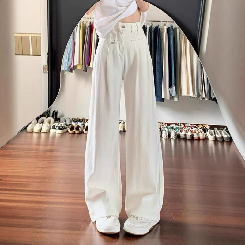 High-Waisted Wide-Leg White Jeans for Women 2025 New Loose Design Slimming Drape Floor-Length Straight Pants