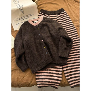 【现货】条纹针织半边绒睡衣女冬季新款可出门加厚保暖家居服套装