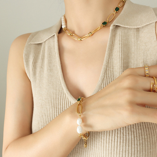 Set of European and American green zircon freshwater pearl rough chain necklace, what necklace bracelet two-piece set accessories gifts