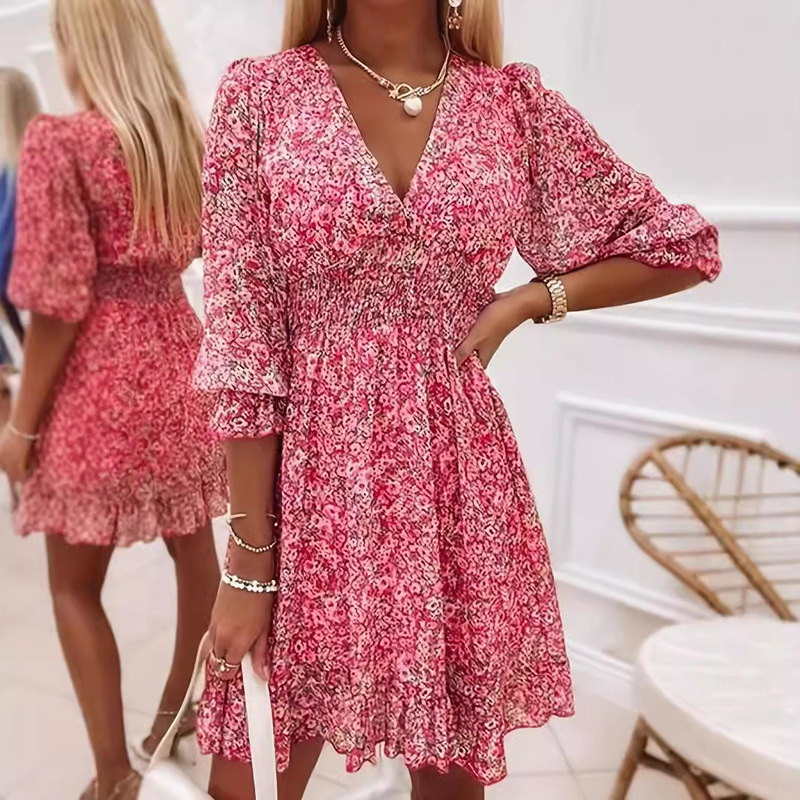 European and American Foreign Trade Waist-Cinching Skirt 2025 New Women's Floral Dress European and American Dress V-Neck Cross-Border