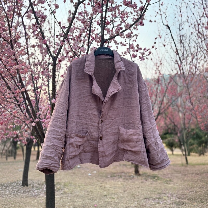 243 Vintage Artistic Casual Sandy Linen Top Women's Double Layer Loose Suit Jacket