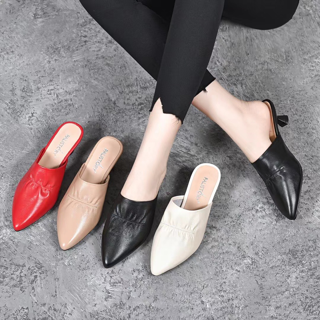 Giày mule nữ mũi nhọn da thật gót kitten 3 cm kiểu Pháp — Gót nhọn màu Mơ (3 cm) chi tiết 2