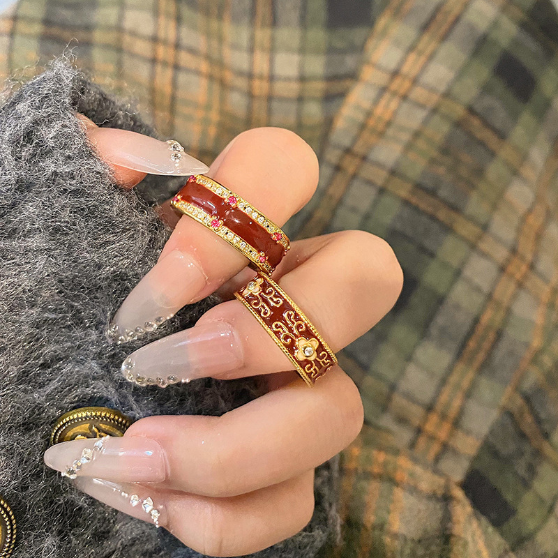 法式滴油印花鋯石戒指女顯白氛圍感輕奢高級感食指戒偏財疊戴指環