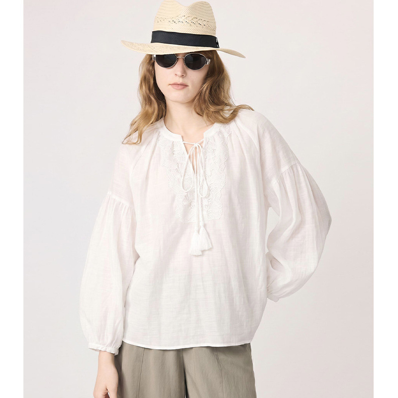 [Island Order] French-Style Vacation Shirt with Lace Tassels, Tie Collar, Loose Fit, Lightweight, Breathable, Sun-Protective Top