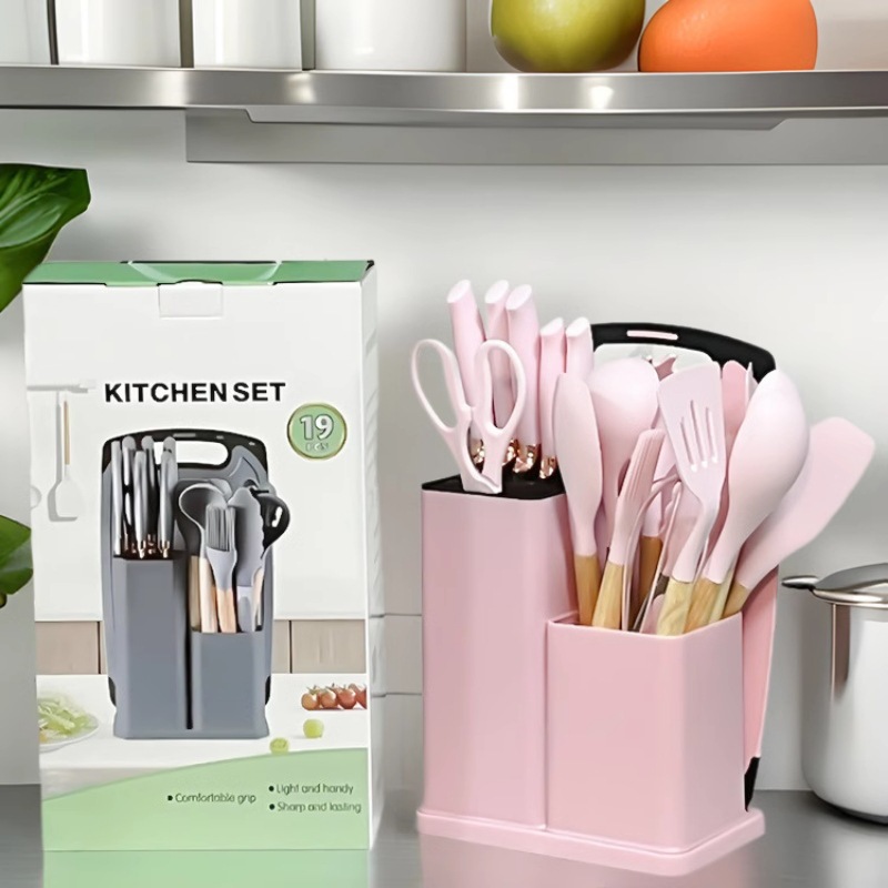 19 conjuntos de utensilios de cocina antiadherentes transfronterizos, tabla de corte de utensilios de cocina con barril de almacenamiento, conjunto de herramientas de corte