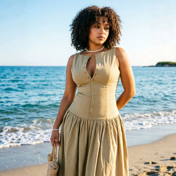 French Style Solid Hollow Out Sleeveless Waist Cinched Dress Women's Single Breasted Slim Fit Mid Length Vacation Long Dress_ecoleips.com