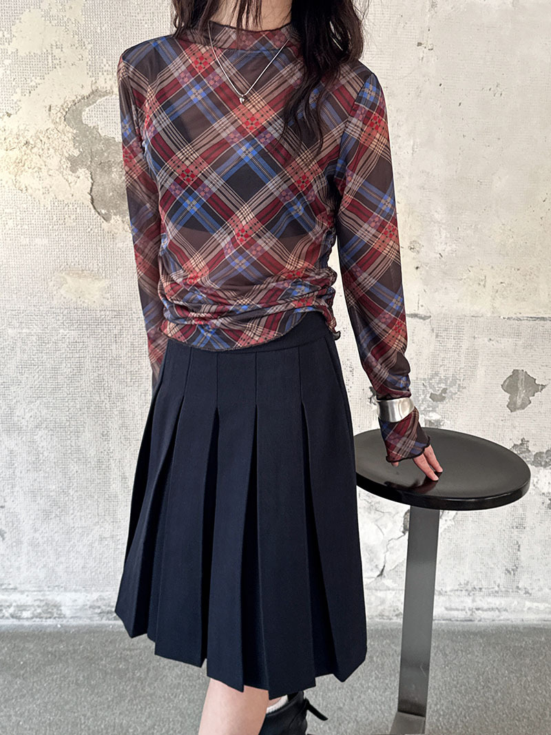 Plaid Mesh T shirt Women Spring Sexy Pleated Waist Tight Slimming Bottoming Top