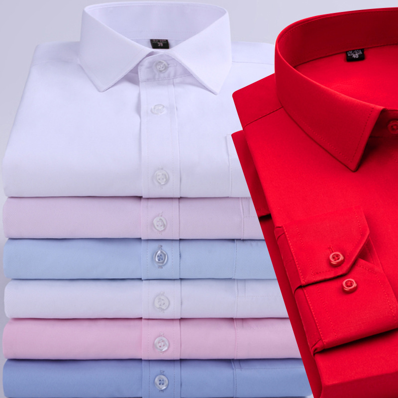 Cross-Border Men's Shirts Solid Color Long-Sleeved Polyester Business Men's Versatile Casual Anti-Wrinkle Professional Wear Formal White Shirt