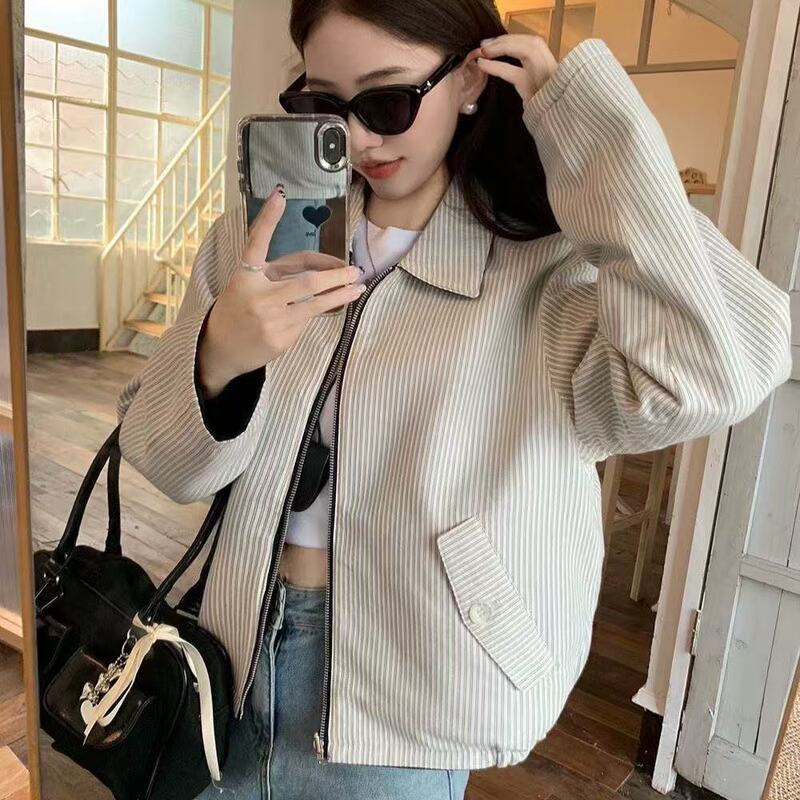 2025 Early Autumn New Style Lapel Stripesd Jacket Reversible Long-Sleeved Loose Short Jacket Commuter Style Top