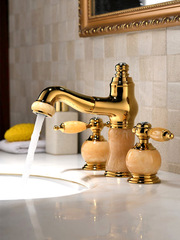 444Z批發鬆香黃金色玉石抽拉三孔龍頭 冷熱8寸分體歐式抽拉式洗面