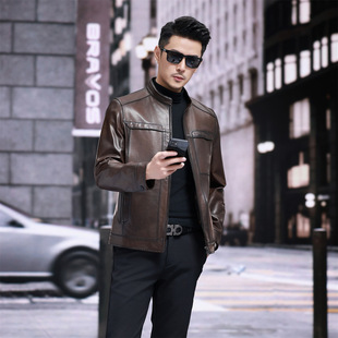 New Genuine Leather Men's Short Sheepskin New Jacket Collar Youth Wage Sheep Thin Leather Oil Motorcycle Leather Jacket