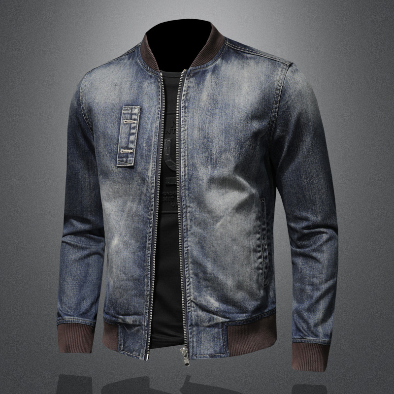 Men's Retro Stand Collar Denim Jacket Trendy Spring Autumn Coat_voghion.com
